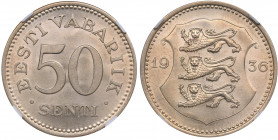 Estonia 50 senti 1936 - NGC MS 65
Mint luster. Rare condition. KM# 18