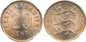 Estonia 20 senti 1992 - NGC MS 66
Mint luster.