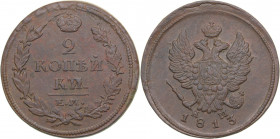 Russia 2 kopeks 1813 ЕМ-НМ
13.00 g. VF/VF Bitkin# 353. Alexander I (1801-1825)