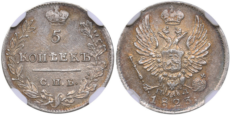 Russia 5 kopeks 1823 СПБ-ПД - NGC MS 63
Mint luster. Very rare condition. Bitki...