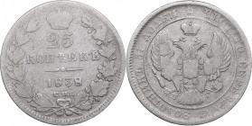Russia 25 kopeks 1838 СПБ-НГ
5.07 g. F/F Bitkin# 280. Nicholas I (1826-1855)