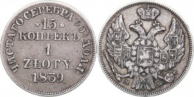 Russia - Poland 15 kopeks - 1 zloty 1839 MW
3.06 g. VF/VF+ Bitkin# 1172. Nicholas I (1826-1855)