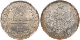 Russia 20 kopecks 1849 СПБ-ПА - NGC MS 63
Only five coins in higher grade. Mint luster. Very rare condition. Very beautiful coin. Bitkin# 336. Nichol...