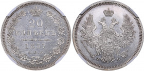 Russia 20 kopeks 1857 СПБ-ФБ - NGC MS 61
Mint luster. Bitkin# 60. Alexander II (1854-1881)