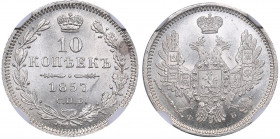 Russia 10 kopeks 1857 СПБ-НФ - NGC MS 64
Mint luster. Rare condition. Bitkin# 64. Aleksander II (1854-1881)