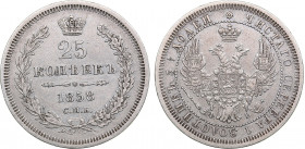 Russia 25 kopeks 1858 СПБ-ФБ
5.16 g. XF-/XF Mint luster. Bitkin# 56. Alexander II (1854-1881)