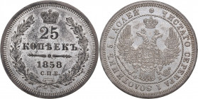 Russia 25 kopeks 1858 СПБ-ФБ
5.11 g. XF+/XF+ Mint luster. Bitkin# 56. Alexander II (1854-1881)