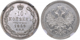 Russia 10 kopeks 1859 СПБ-ФБ - NGC MS 62
Mint luster. Rare condition. Bitkin# 162 R. Rare! Alexander II (1854-1881)
