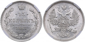Russia 15 kopeks 1861 СПБ - NGC MS 63
Mint luster. Rare condition. Bitkin# 290. Aleksander II (1854-1881)