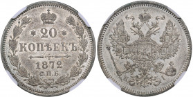 Russia 20 kopeks 1872 СПБ-НI - NGC MS 63
Mint luster. Bitkin# 222. Aleksander II (1854-1881)