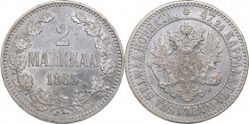 Russia - Grand Duchy of Finland 2 markka 1865 S
10.47 g. XF+/AU Mint luster. Bitkin# 617. Alexander II (1854-1881)