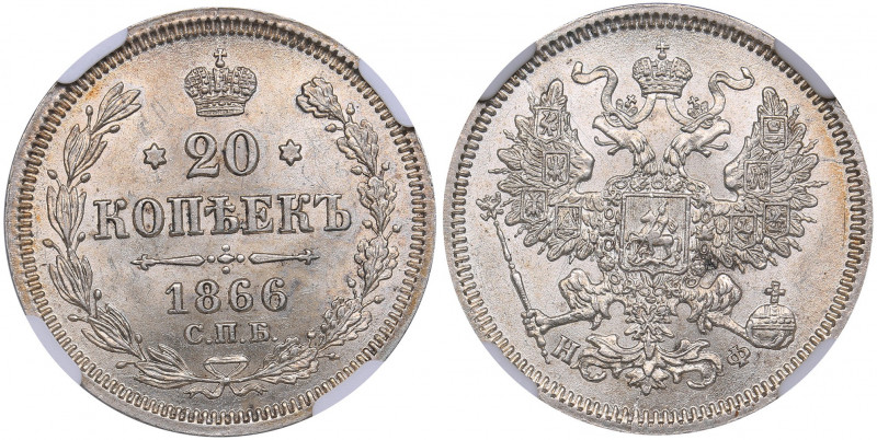 Russia 20 kopeks 1866 СПБ-НФ - NGC MS 64
Only two coins in higher grade. Mint l...