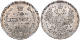 Russia 20 kopeks 1866 СПБ-НФ - NGC MS 64
Only two coins in higher grade. Mint luster. Rare condition. Bitkin# 179. Alexander II (1854-1881)