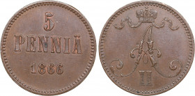 Russia - Grand Duchy of Finland 5 penniä 1866
6.38 g. AU/UNC Traces of mint luster. Rare condition. Bitkin# 658. Alexander II (1854-1881)