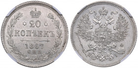 Russia 20 kopeks 1867 СПБ-НI - NGC MS 64
Mint luster. Rare condition. Bitkin# 214. Alexander II (1854-1881)