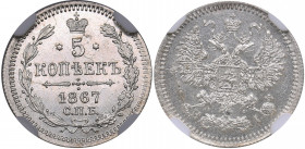 Russia 5 kopeks 1867 СПБ-НI - NGC MS 64
Mint luster. Rare condition. Bitkin# 268. Alexander II (1854-1881)