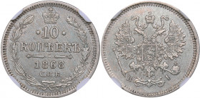 Russia 10 kopeks 1868 СПБ-НI - NGC AU 58
Bitkin# 252. Alexander II (1854-1881)
