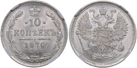 Russia 10 kopeks 1876 СПБ-HI - NGC MS 64
Mint luster. Rare condition. Bitkin# 260. Alexander II (1854-1881)