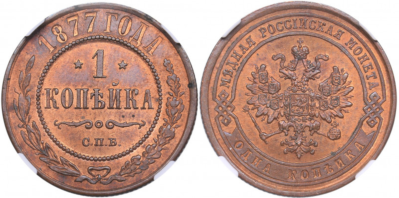 Russia 1 kopek 1877 СПБ - NGC MS 65 RB
TOP POP, only two coins. Mint luster. Ra...