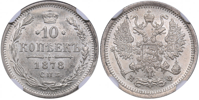 Russia 10 kopeks 1878 СПБ-НФ - NGC MS 64
Mint luster. Rare condition. Bitkin# 2...