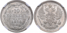 Russia 10 kopeks 1878 СПБ-НФ - NGC MS 64
Mint luster. Rare condition. Bitkin# 264. Aleksander II (1854-1881)