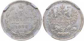 Russia 5 kopeks 1878 СПБ-НФ - NGC MS 63
Mint luster. Rare condition. Bitkin# 281. Alexander II (1854-1881)