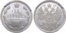 Russia 15 kopeks 1879 СПБ-НФ - NGC MS 66+
Only two coins in higher grade. Mint luster. Very rare condition. Bitkin# 248. Aleksander II (1854-1881)...