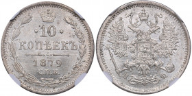 Russia 10 kopeks 1879 СПБ-НФ - NGC MS 64
Mint luster. Rare condition. Bitkin# 265. Aleksander II (1854-1881)