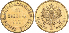 Russia - Grand Duchy of Finland 10 markkaa 1879 S
3.22 g. AU/AUMint luster. Bitkin# 615. Alexander II (1854-1881)