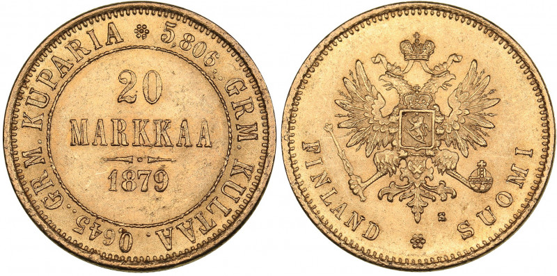 Russia - Grand Duchy of Finland 20 markkaa 1879 S
6.44 g. AU/UNC Mint luster. B...