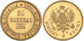 Russia - Grand Duchy of Finland 20 markkaa 1879 S
6.44 g. AU/AU Mint luster. Bitkin# 612. Alexander II (1854-1881)