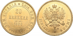 Russia - Grand Duchy of Finland 20 markkaa 1880 S
6.45 g. UNC/UNC Mint luster. Rare condition! Bitkin# 613 R1. Very rare! Alexander II (1854-1881)