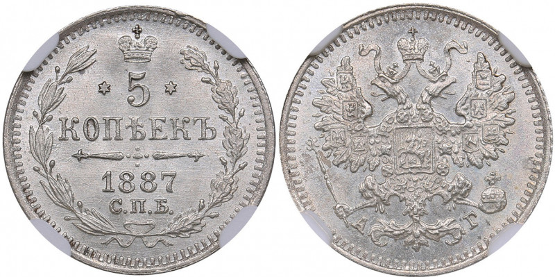 Russia 5 kopeks 1887 СПБ-АГ - NGC MS 65+
Mint luster. Very rare condition. Bitk...