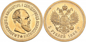 Russia 5 roubles 1888 АГ
6.45 g. XF/AU Mint luster. Bitkin# 27. Alexander III (1881-1894) Gold.