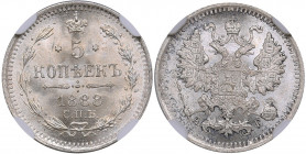 Russia 5 kopeks 1888 СПБ-АГ - NGC MS 66+
Mint luster. Very rare condition. Bitkin# 148. Alexander III (1881-1894)