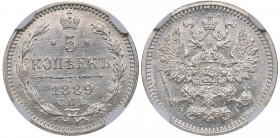 Russia 5 kopeks 1889 СПБ-АГ - NGC MS 63
Mint luster. Rare condition. Bitkin# 149. Alexander III (1881-1894)