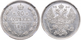 Russia 20 kopeks 1891 СПБ-АГ - NGC MS 63
Mint luster. Bitkin# 110 Alexander III (1881-1894)