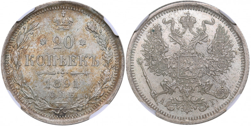 Russia 20 kopeks 1891 СПБ-АГ - NGC MS 64
Mint luster. Bitkin# 110 Alexander III...
