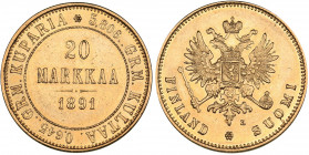 Russia - Grand Duchy of Finland 20 markkaa 1891 L
6.44 g. XF/AU Mint luster. Bitkin# 227 R. Rare! Alexander III (1881-1894)