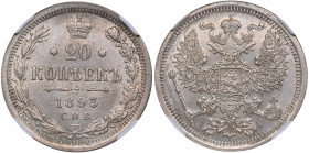 Russia 20 kopeks 1893 СПБ-АГ - NGC MS 63
Mint luster. Bitkin# 111. Alexander III (1881-1894)