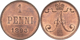 Russia - Grand Duchy of Finland 1 penni 1893
1.23 g. UNC/UNC Mint luster. Bitkin# 256. Alexander III (1881-1894)