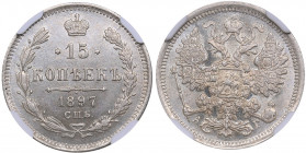 Russia 15 kopecks 1897 СПБ-АГ - NGC MS 63
Mint luster. Very rare condition. Bitkin# 121. Nicholas II (1894-1917)