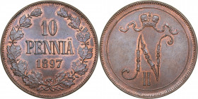 Russia - Grand Duchy of Finland 10 penniä 1897
12.67 g. UNC/UNC Mint luster. Rare condition. Bitkin# 425. Nicholas II (1894-1917)