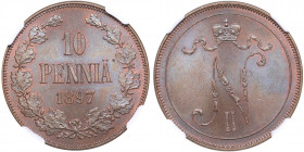 Russia - Grand Duchy of Finland 10 penniä 1897 - NGC MS 64 BN
Only MS 64 BN. Only two coins in higher grade. Mint luster. Rare condition. Bitkin# 425...