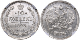 Russia 10 kopecks 1898 СПБ-АГ - NGC MS 65
Mint luster. Very rare condition. Bitkin# 148. Nicholas II (1894-1917)