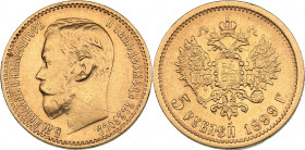 Russia 5 roubles 1899 ФЗ
4.24 g. XF-/XF+ Traces of mint luster. Bitkin# 24. Nicholas II (1894-1917)