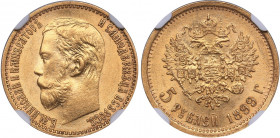 Russia 5 roubles 1899 ФЗ - NGC MS 63
Mint luster. Bitkin# 24. Nicholas II (1894-1917)