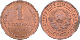 Russia - USSR 1 kopek 1924 - NGC MS 64 RB
Mint luster. Very rare condition! Very beautiful coin. Fedorin 1.