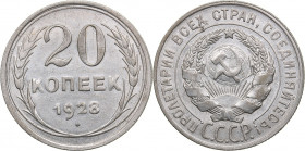 Russia - USSR 20 kopeks 1928
3.55 g. XF/VF Mint luster. Fedorin# 14.