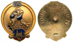 Finland Gold badge of the Vyborg Wrestling Society
6.60/5.77 g. 19x22mm. Gold 585. Very rare!